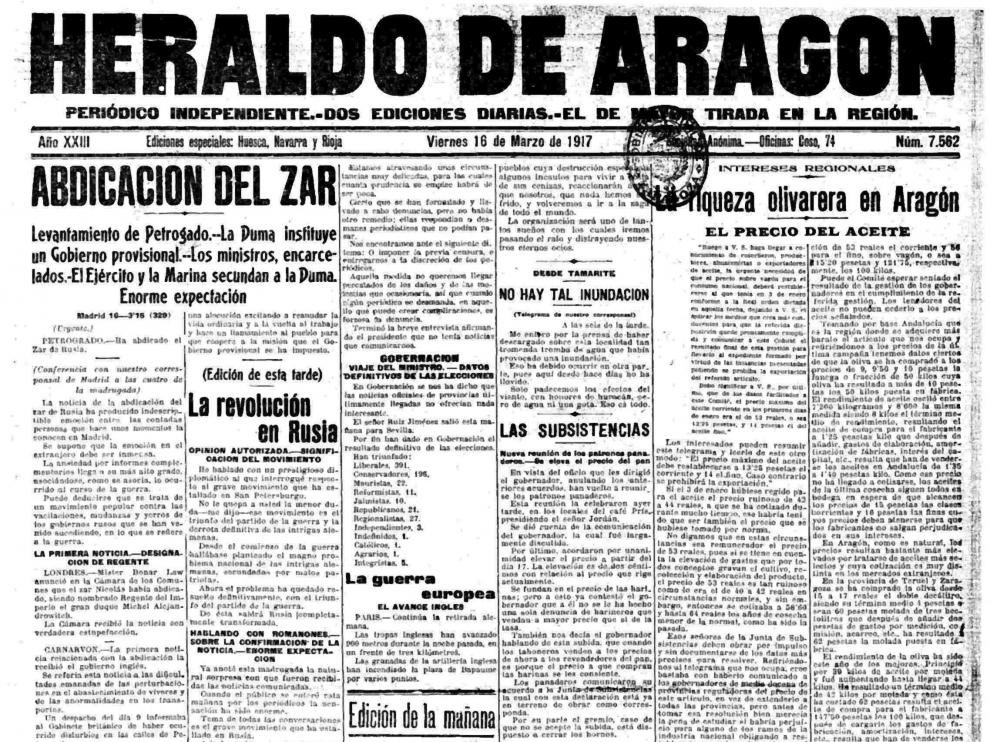 Portada de HERALDO DE ARAGÓN del 15 de marzo de 1917.