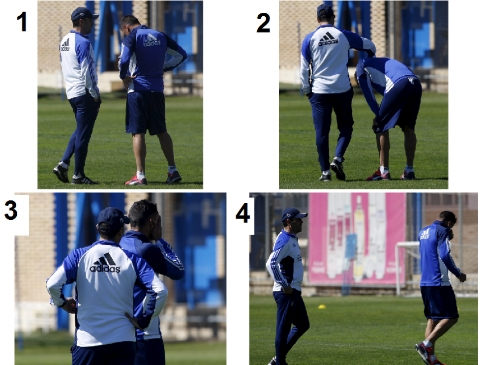 Secuencia de la sorprendente y breve charla de Agné con Marcelo Silva en la mañana de este domingo sobre el césped de la Ciudad Deportiva. El jugador abandona llorando la conversación.