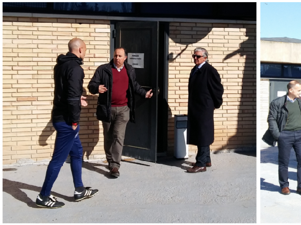 Fernando de Yarza, presidente de la Fundación Zaragoza 2032, en dos momentos de su visita en la mañana de este jueves a la Ciudad Deportiva.