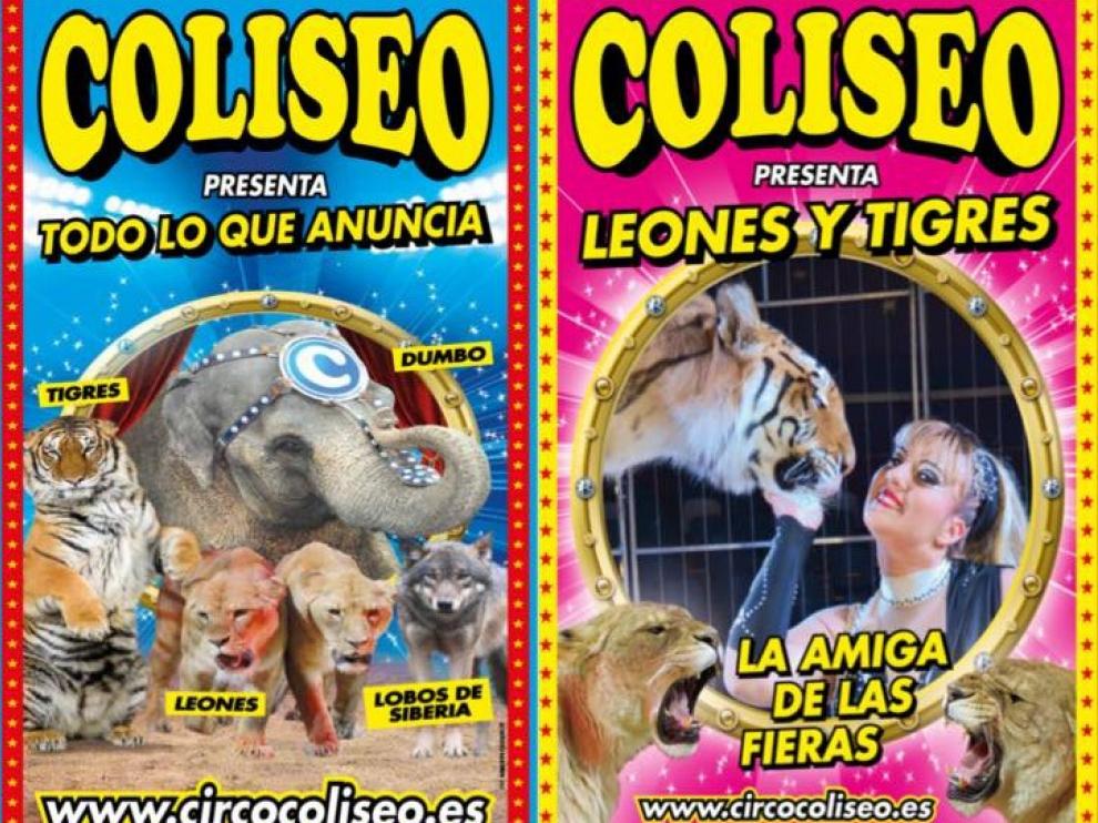 Carteles de las funciones que anuncia el circo.