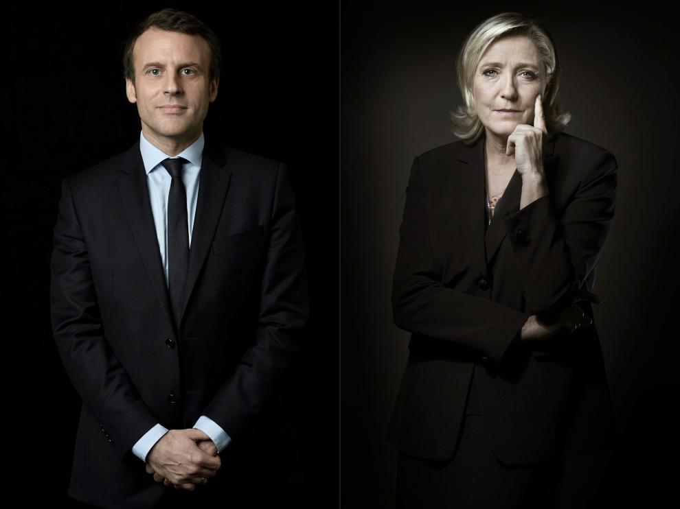 Combo de imágenes de Macron y Le Pen.