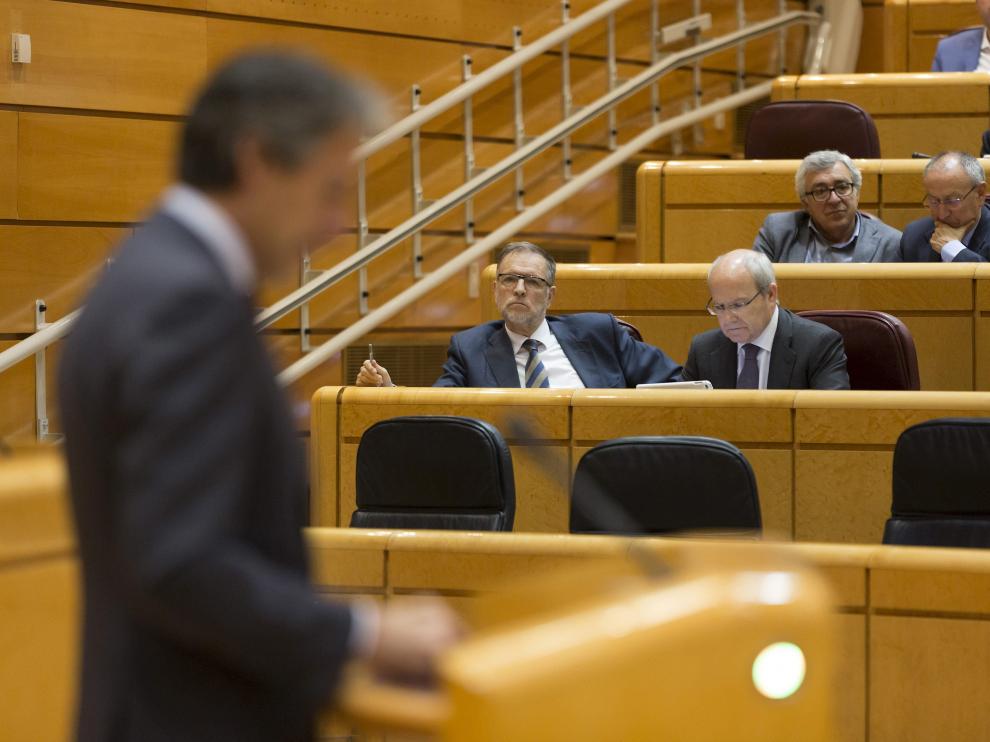 En primer término, el ministro Iñigo de la Serna en su réplica a Marcelino Iglesias, al fondo.