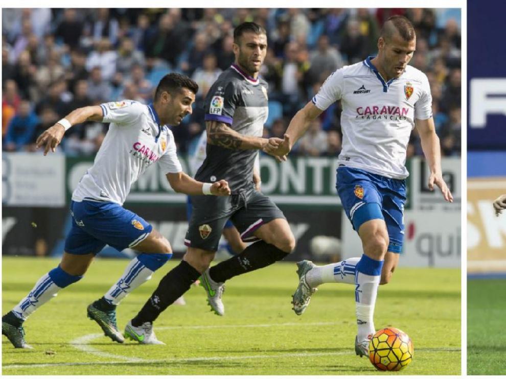 Dos momentos recientes de Ortuño: a la izda. el año pasado en Zaragoza, en una jugada con Ángel, su compañero de delantera. A la dcha. esta temporada, en Cádiz, marchándose de Zapater en el partido de la primera vuelta (3-0).