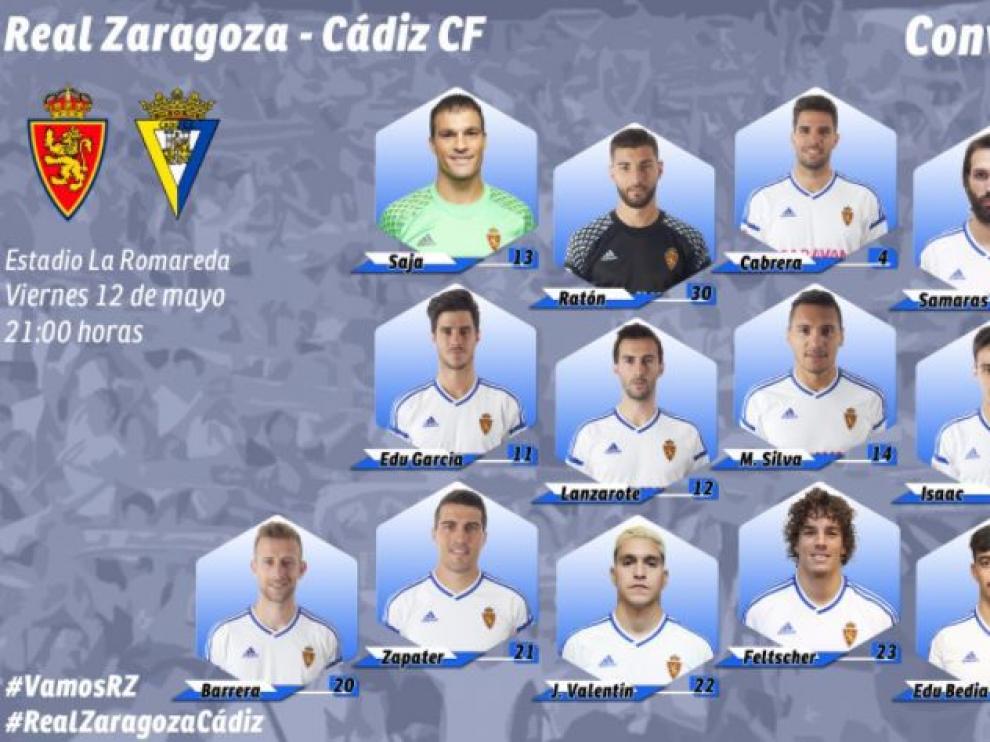 Lista oficial de convocados del Real Zaragoza para el partido de este viernes ante el Cádiz en La Romareda.