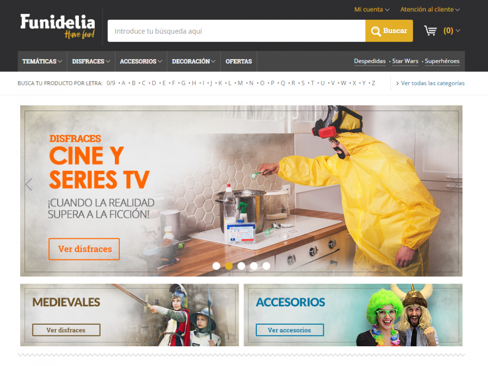 Página web de la empresa oscense Funidelia, una de las que más ha crecido en Europa en el sector de tiendas virtuales.
