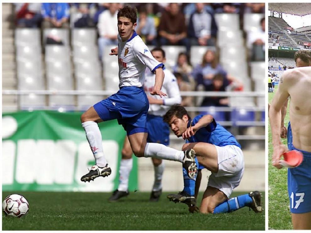 A la izquierda, Cani marca el 0-1 en el Carlos Tartiere en marzo de 2003 (el defensa del Oviedo es Paredes). A la derecha, el joven Cani es felicitado por Espadas a la conclusión de aquel recordado partido.