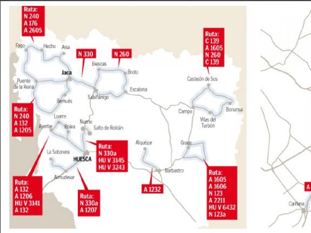 Rutas en Huesca, Zaragoza, y Teruel.