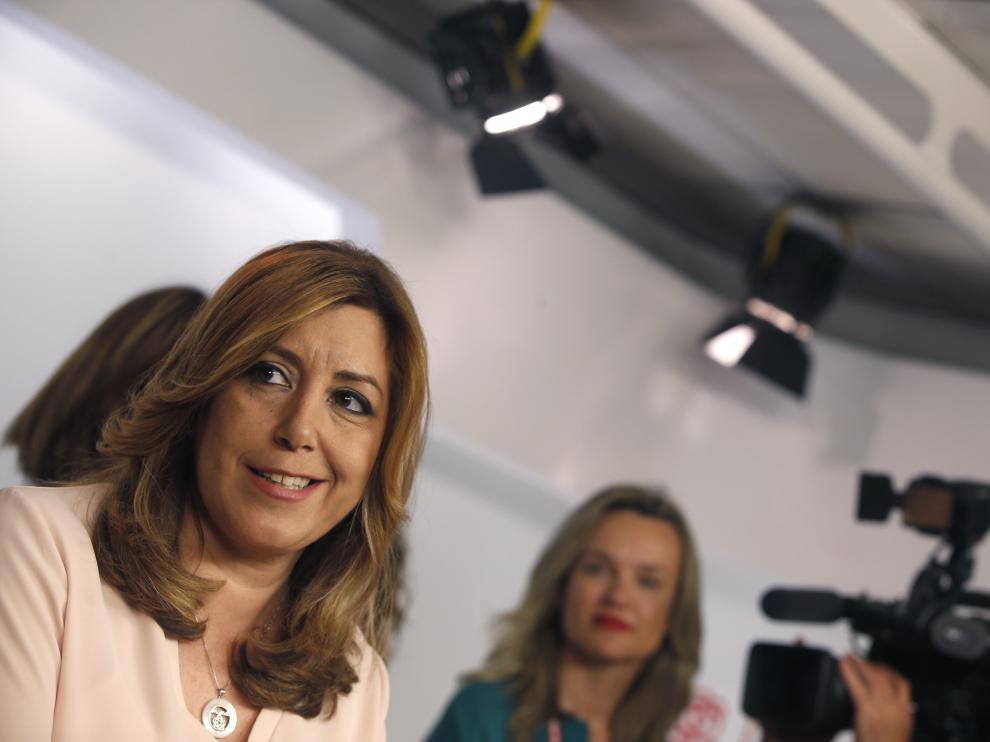 Susana Díaz durante su comparecencia en Ferraz tras la victoria de Pedro Sánchez en las primarias.