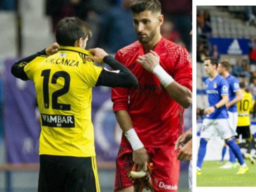A la izquierda, Lanzarote se quita su camiseta con el número 12 y Ratón la suya roja, una vez fue expulsado en Oviedo. A la derecha, Lanzarote, ya vestido de portero, guantes incluidos, se dirige a la portería del Real Zaragoza para defenderla.