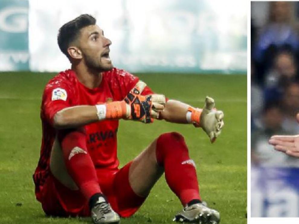 Ratón y Marcelo Silva, protestando las tarjetas que mostró el árbitro, Figueroa Vázquez, el pasado sábado en Oviedo.