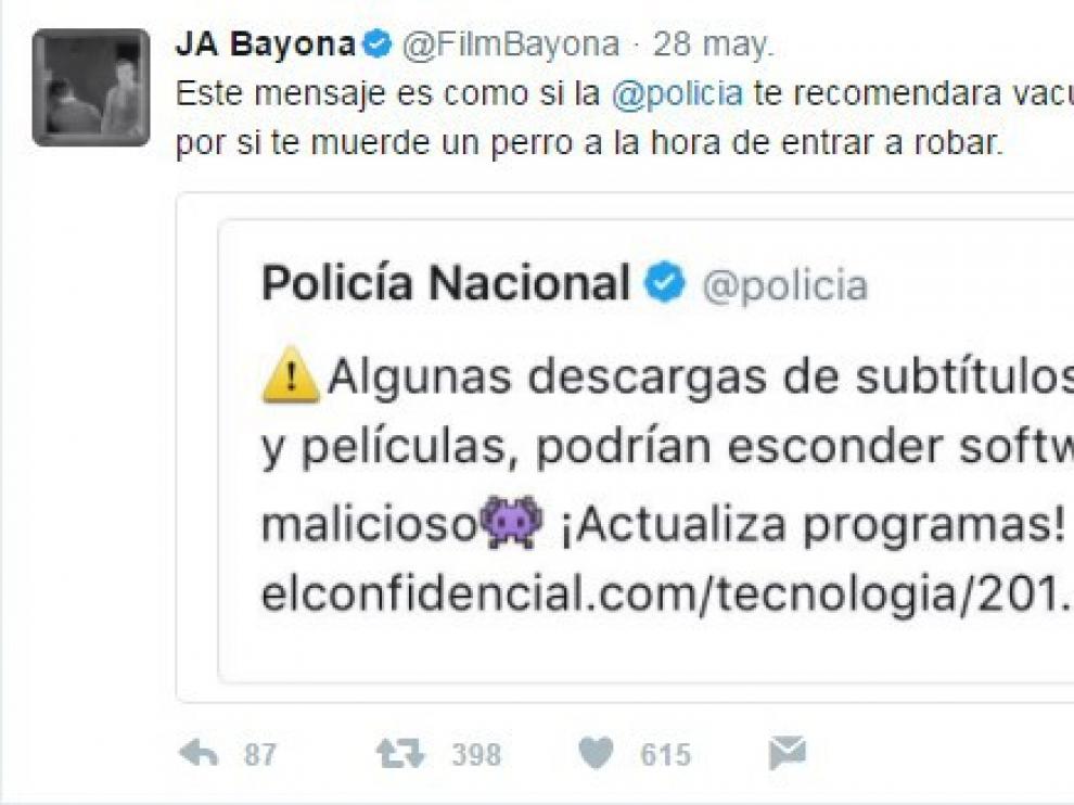 Respuesta de J. A. Bayona al 'tuit' de la Policía Nacional.