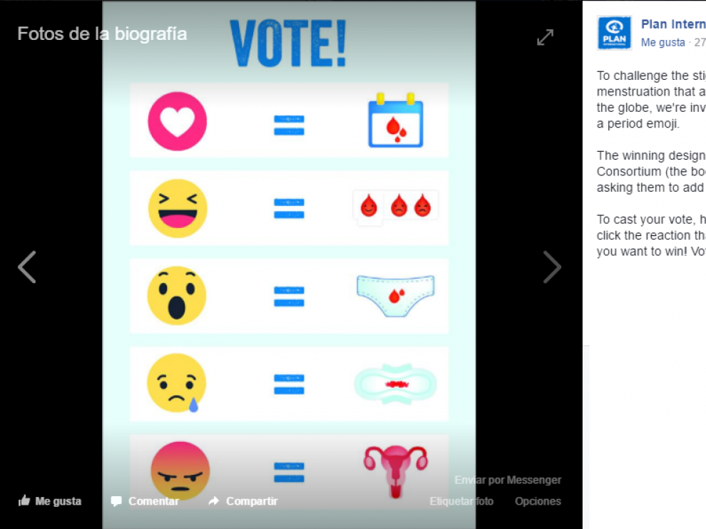 Facebook de la ONG australiana Plan International, donde los usuarios pueden votar su 'emoji' preferido.