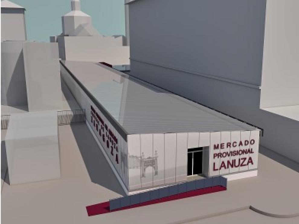 Recreación en 3D del mercado provisional que albergará los puestos del actual Mercado Central de Lanuza.