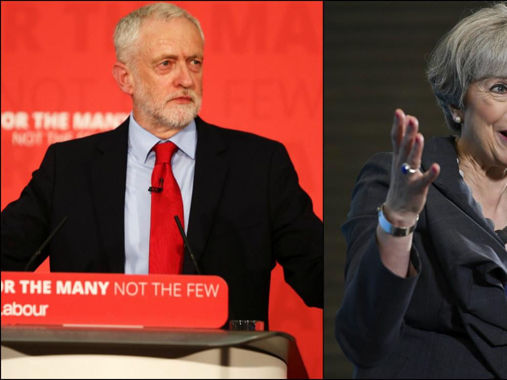 Montaje de dos imágenes de Corbyn y May.