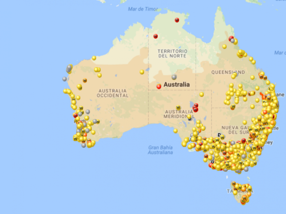 Mapa de la presencia de poblaciones de conejos europeos en Australia.
