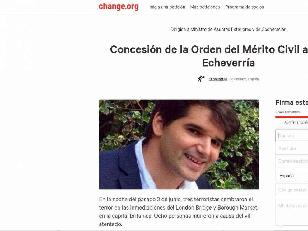 Recogen 1.922 firmas en Change.org para pedir al Gobierno que conceda la Orden del Mérito Civil a Ignacio Echeverría.