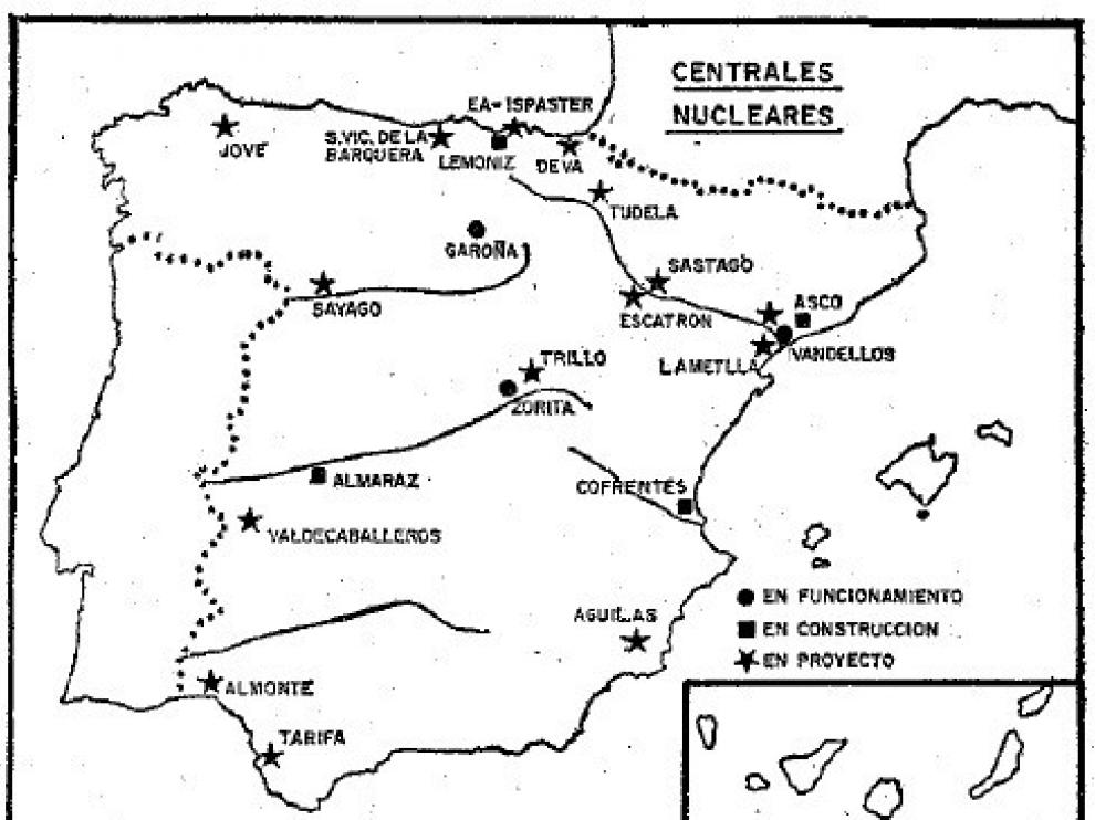 Mapa de centrales nucleares en funcionamiento, en construcción y en proyecto publicado en 1974