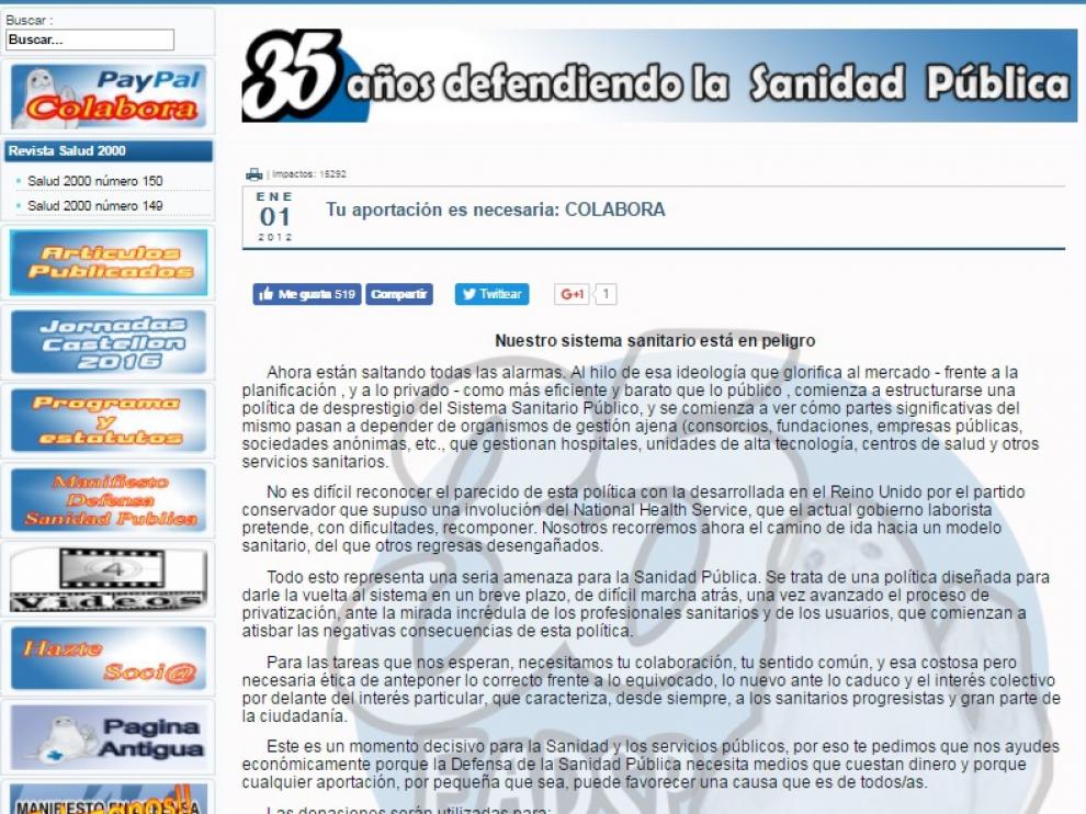 La Federación de Asociaciones para la Defensa de la Sanidad Pública pide donaciones en su web