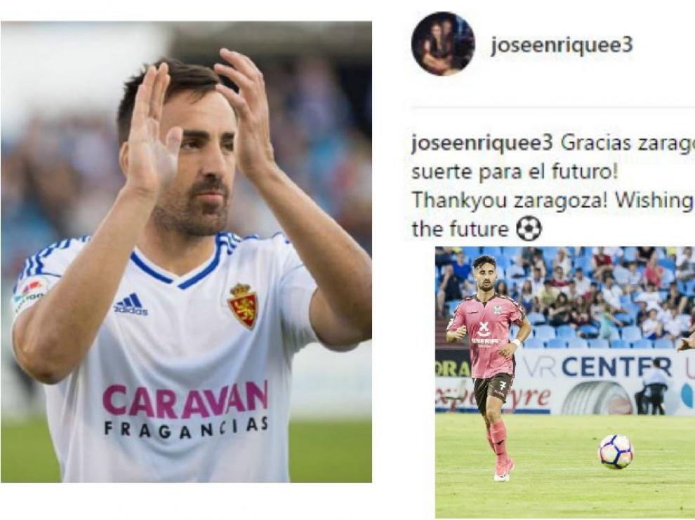 El mensaje en Twitter de José Enrique, junto a la fotografía que él cuelga en su red social (aplaudiendo). Abajo a la dcha., una jugada del defensor valenciano en el último partido de la liga, ante el Tenerife en La Romareda.