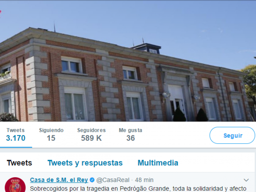 Mensaje de condolencia de la Casa del Rey en Twitter por el trágico incendio de Portugal.