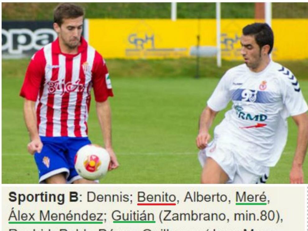 Benito, en un partido del Sporting B contra la Leonesa en 2014. Abajo, la alineación de ese día en Mareo.