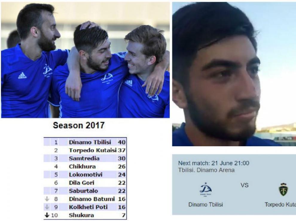 Papunashvili (izda.), felicitado por sus compañeros tras lograr este pasado sábado uno de los dos goles que marcó con el Dinamo Tbilisi en la penúltima jornada de la liga de Georgia. A la dcha., entrevistado en el campo al final del partido. Abajo, la clasificación a falta de una jornada, la de este miércoles, y el anuncio del partido decisivo.