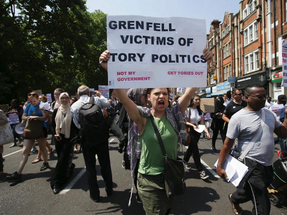 La protesta de este miércoles en Londres contra May por el incendio de Grenfell.