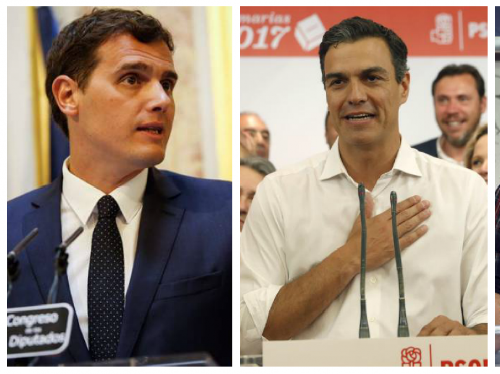 Combo de fotos de Sánchez, Iglesias y Rivera.