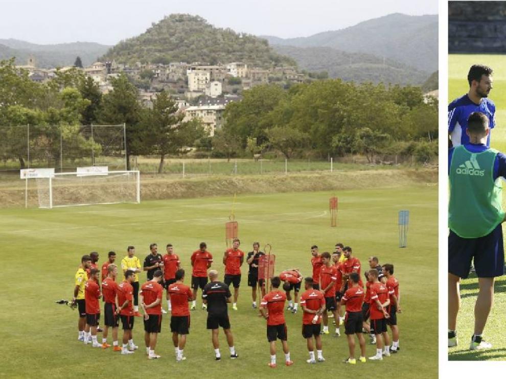 Dos momentos de la pretemporada del Real Zaragoza en Boltaña en los dos veranos precedentes, en 2015 (izda.) y el pasado 2016 (dcha.).