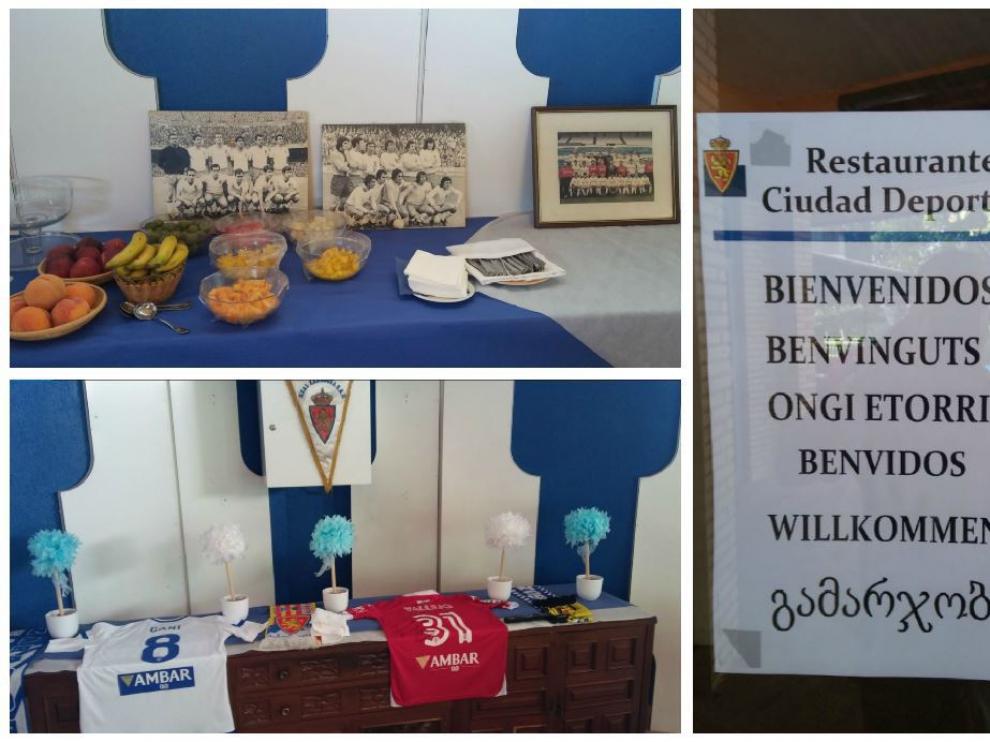 Imágenes de los amuletos que presiden el nuevo comedor del equipo en la Ciudad Deportiva, así como del cartel multilingüe de bienvenida.