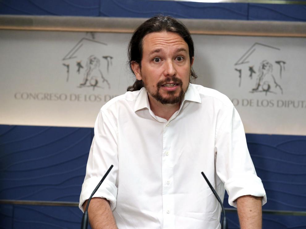 El líder de Podemos, Pablo Iglesias, en una rueda de prensa en el Congreso.