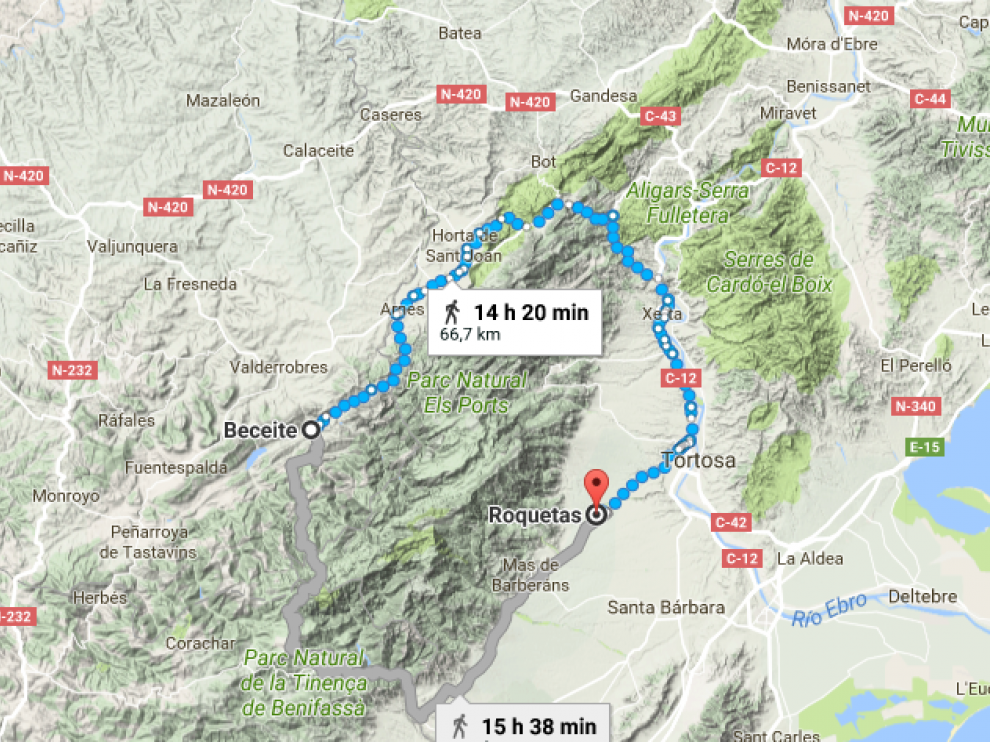 Zona que recorrió la desaparecida entre Beceite (Teruel) y Roquetas (Tarragona)