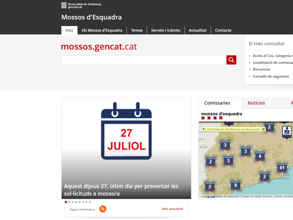Página principal de la web de los Mossos d'Esquadra.