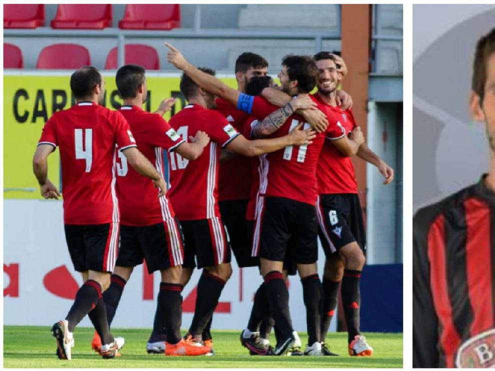 A la izda, Albístegui (número 6) es felicitado por sus compañeros del Mirandés tras marcar el 1-0 al Real Zaragoza este sábado en Anduva. A la dcha., el centrocampista vasco el año pasado en el Reus.