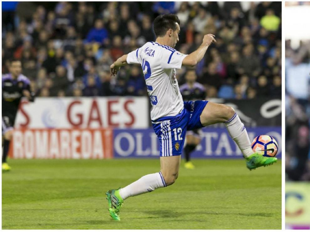 Lanzarote, a la izda., anotando su último gol como zaragocista, en La Romareda frente al Valladolid el pasado 2 de abril. A la dcha. saludando a la afición después de anotar otro tanto.