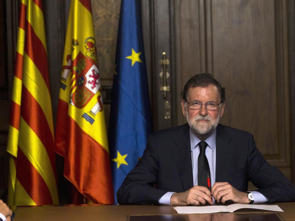 Mariano Rajoy en la reunión que ha mantenido esta noche en la Delegación del Gobierno de Cataluña.