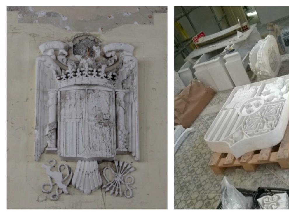 Un mes para cambiarlo. El pasado 20 de julio fue descolgado el escudo de la dictadura franquista de la estación de Canfranc -a la izquierda- y se trasladó al Archivo Municipal de Huesca. El nuevo de la monarquía de Alfonso XIII -a la derecha- se trasladó hace una semana y está previsto que se coloque a final de este mes.