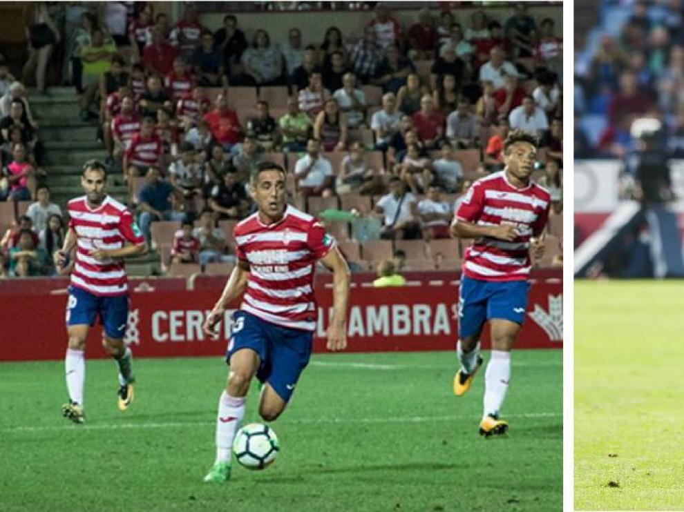 A la izda., Pedro conduce el balón en su estreno como jugador del Granada. A la dcha. pugna con José Enrique en el partido del año pasado en La Romareda entre el Real Zaragoza y el Elche.