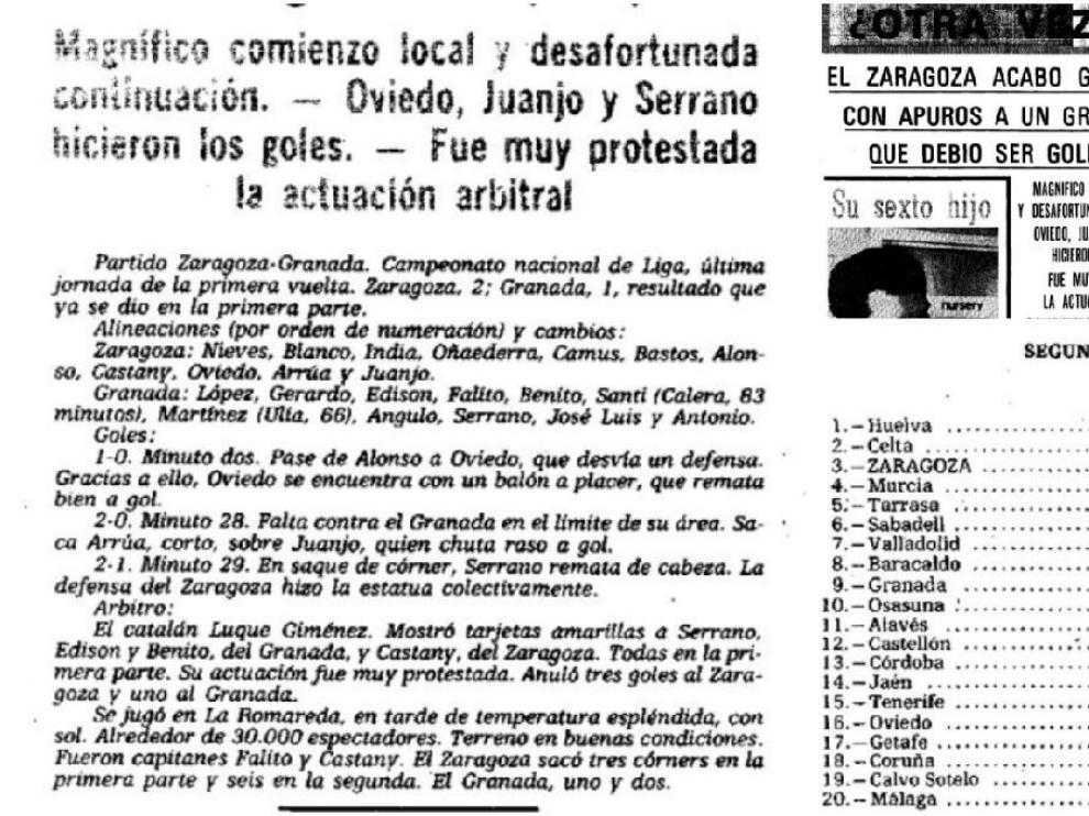 Detalles de la crónica e informaciones de HERALDO DE ARAGÓN sobre el Real Zaragoza-Granada jugado el 1 de enero de 1978 en La Romareda. Y, con ellas, la clasificación parcial al término de la primera vuelta de aquella Segunda División, en la que los aragoneses eran los terceros.