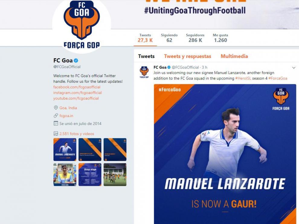 Confirmación en Twitter del FC Goa del fichaje de Lanzarote por el club indio.