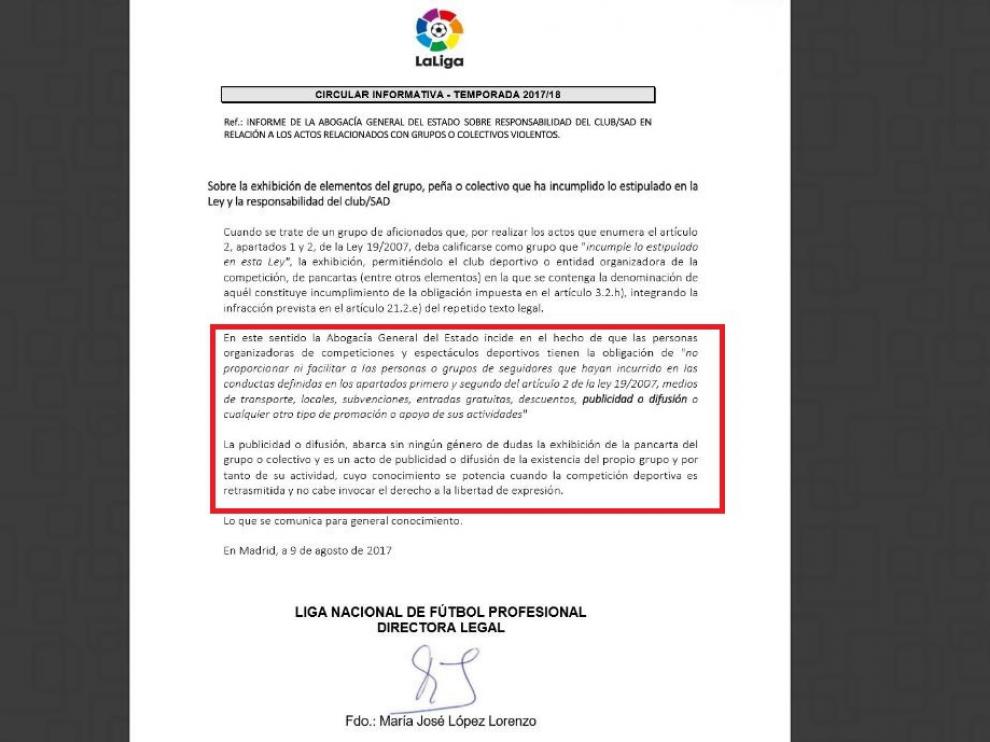 Detalle del informe de la Abogacía General del Estado reemitido en circular a todos los clubes españoles por la Liga de Fútbol Profesional (LFP).