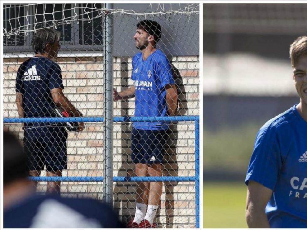 Dos momentos del entrenamiento matinal del Real Zaragoza este miércoles en la Ciudad Deportiva. A la izda. Benito habla con Natxo González en los pasillos de vestuarios. A la dcha. Febas comienza a ejercitarse minutos antes de retirarse a la caseta.