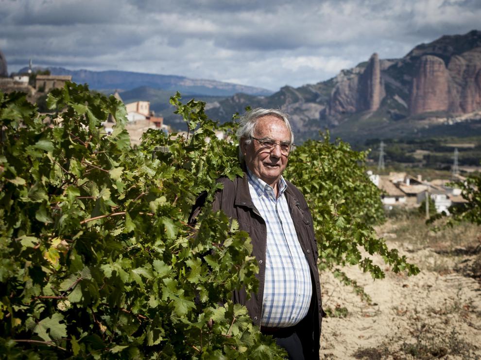 Jorge Senar, en los viñedos de Pegalaz, con Santa Eulalia a un lado y los mallos de Riglos al otro.