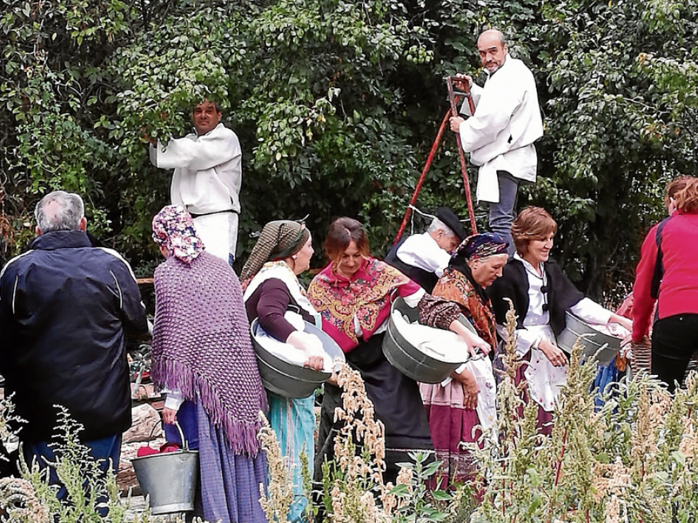Varios recolectores ataviados con el traje regional con el que antaño se recogía la fruta.