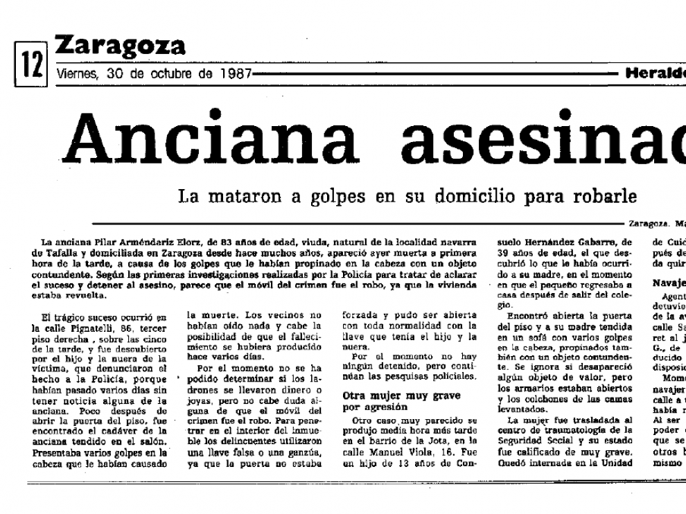 Noticia publicada en HERALDO el 30 de octubre de 1987 sobre el asesinato de Pilar Arméndariz.