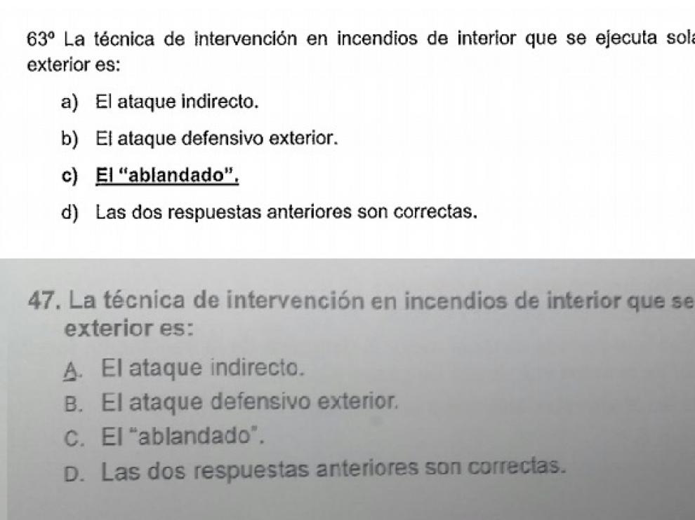 Pregunta 63 del examen a Bombero de la DPZ, parecida a una anulada en Navarra