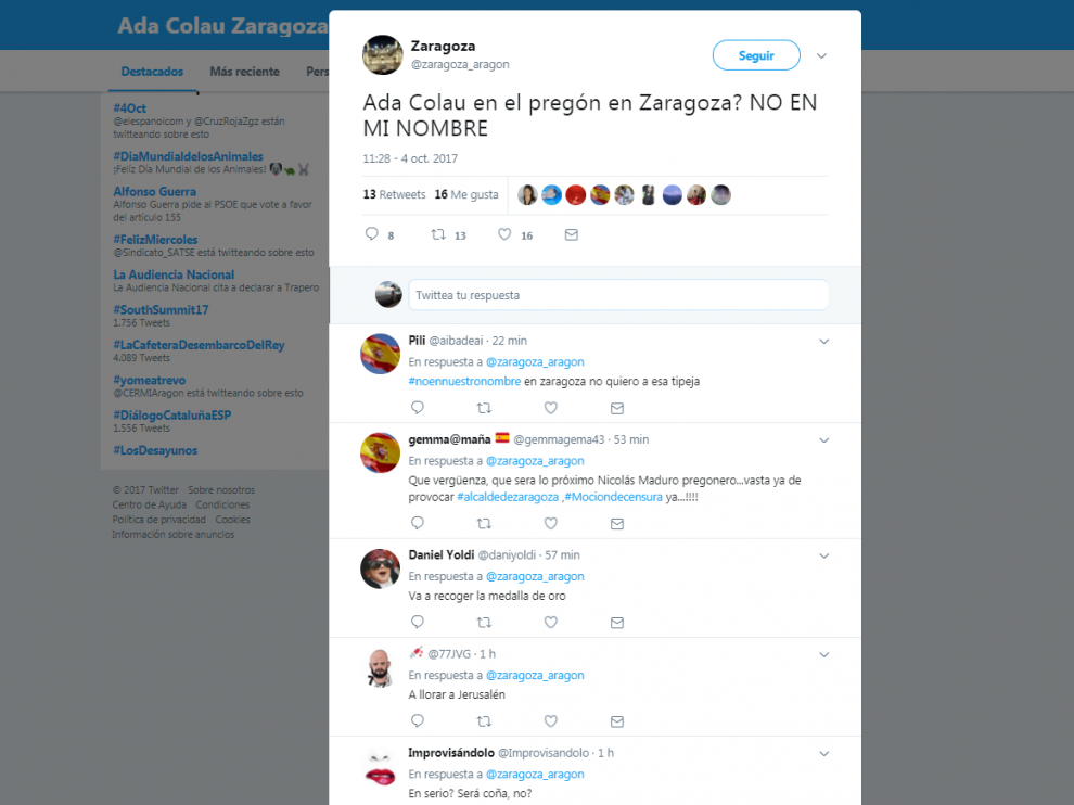 Indignación en Twitter por la visita de Ada Colau a Zaragoza el día del pregón