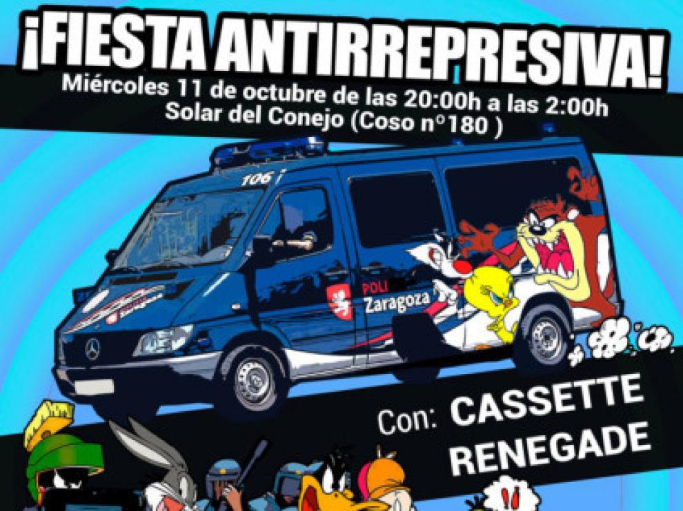 En el cartel aparece una furgoneta de la UAPO de la Policía Local decorada con dibujos animados, al igual que el crucero donde se alojaban miembros de las fuerzas de seguridad en Barcelona.