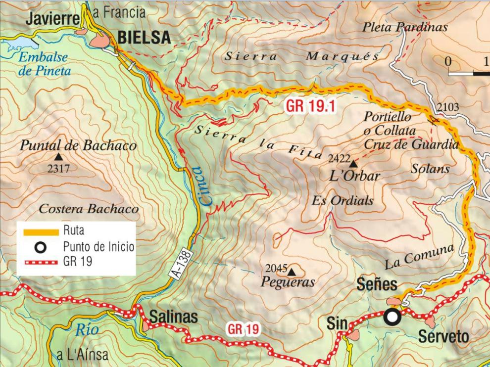Mapa de la ruta Chistau-Bielsa.