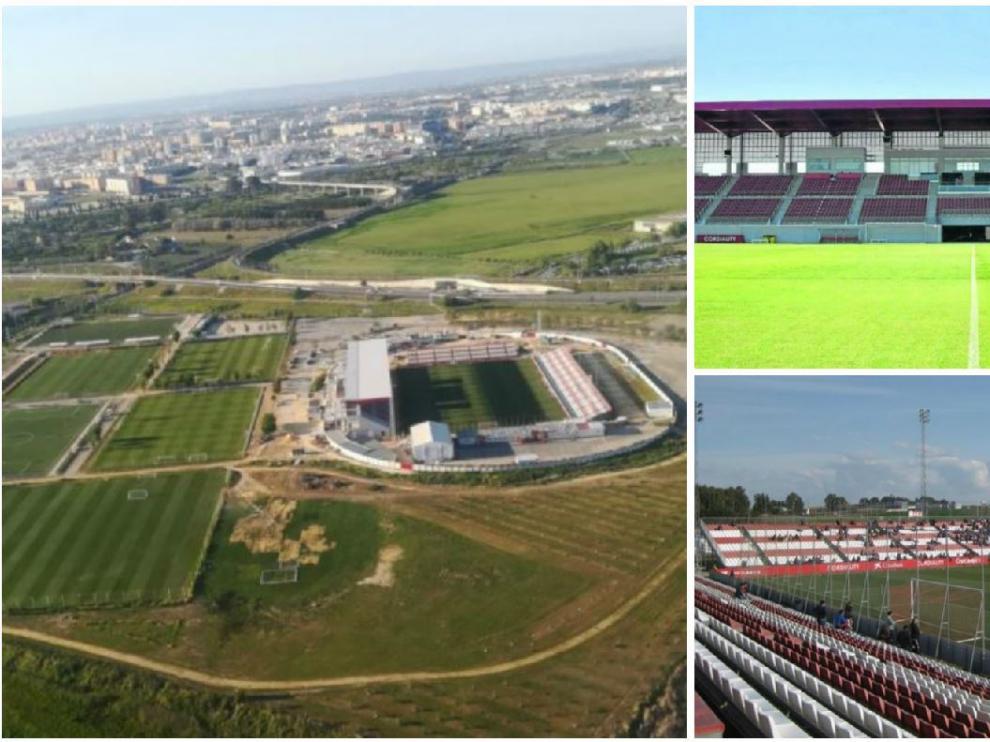 Diferentes vistas del nuevo estadio 'Viejo Nervión', en la Ciudad Deportiva del Sevilla FC, donde juega su filial desde agosto y donde lo hará el Real Zaragoza este sábado.